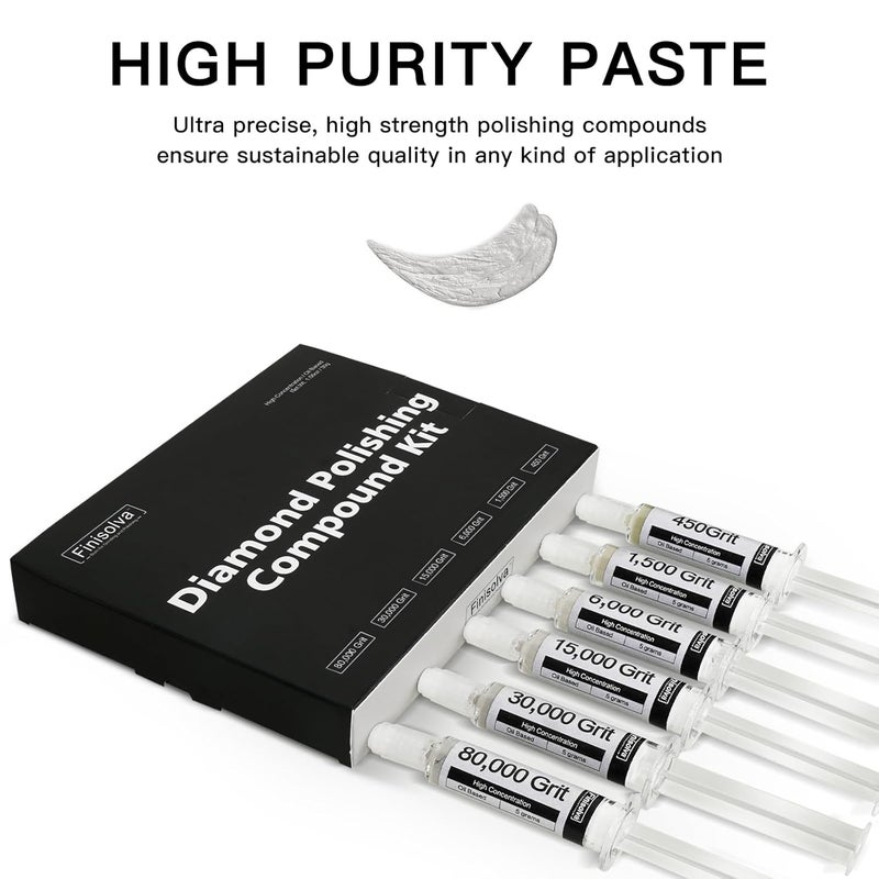 Finisolva Diamond Polishing Compound Kit of 6 Polishing Lapping Paste 80,000 to 450 Grit for Glass Watch Marble Metal Resin Rock Jewelry Etc. with High Concentration of Diamond Powder Scratch Remover Repair - Image 2